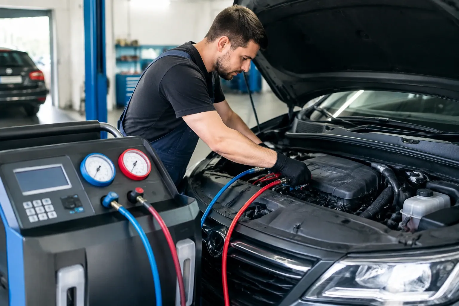 Monteur sluit aircoserviceapparaat met rode en blauwe slangen aan op auto motorruimte