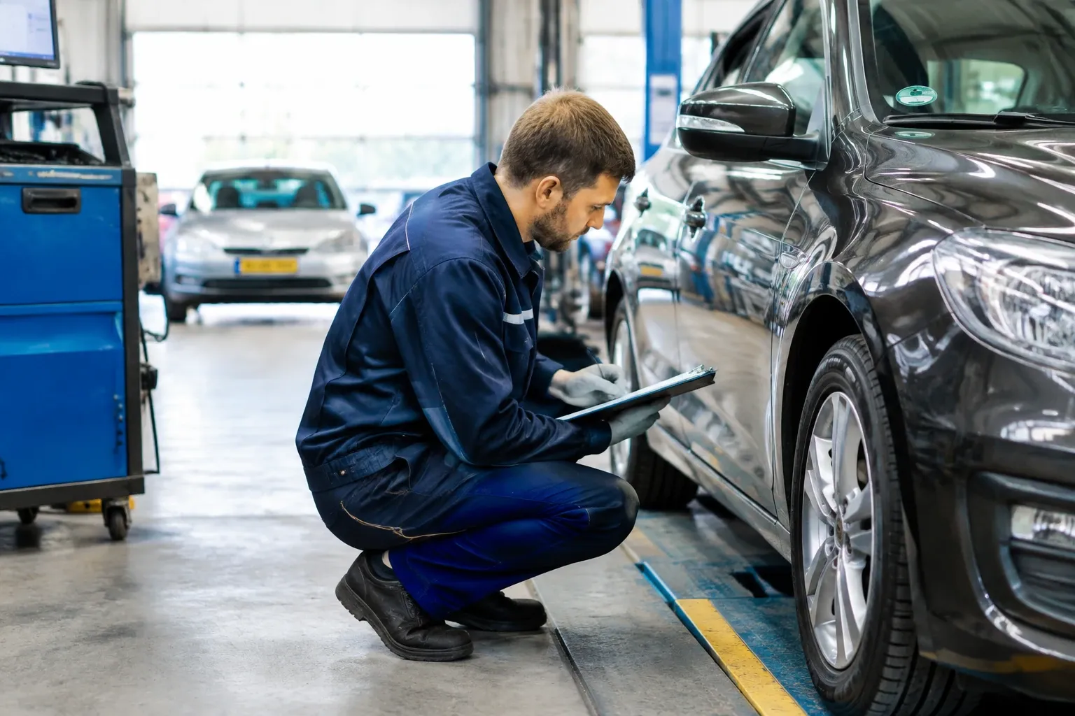 Monteur knielt met tablet en inspecteert zijkant en velgen van een grijze auto tijdens APK