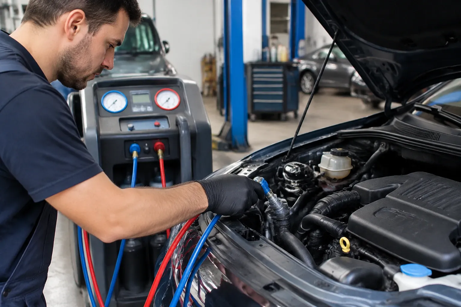 Monteur vult auto-airco bij met koelmiddelslang aan auto-motorruimte