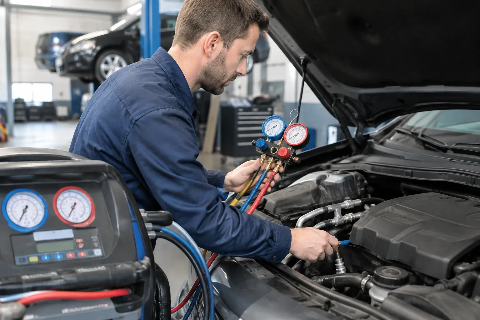 Monteur controleert auto airco met manometer en slangen onder geopende motorkap