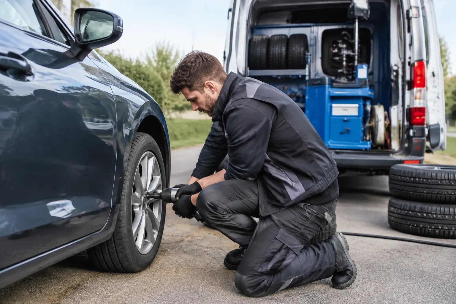 Mobiele bandenmonteur knielt bij auto en monteert wiel met luchtsleutel naast bedrijfsbus