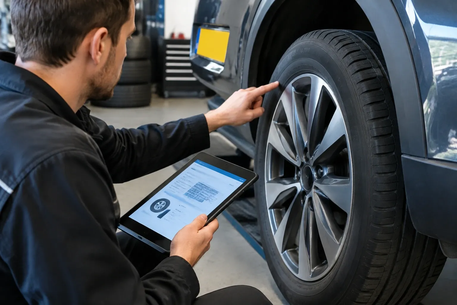 Monteur controleert autoband en noteert bandenspanning op tablet in garage