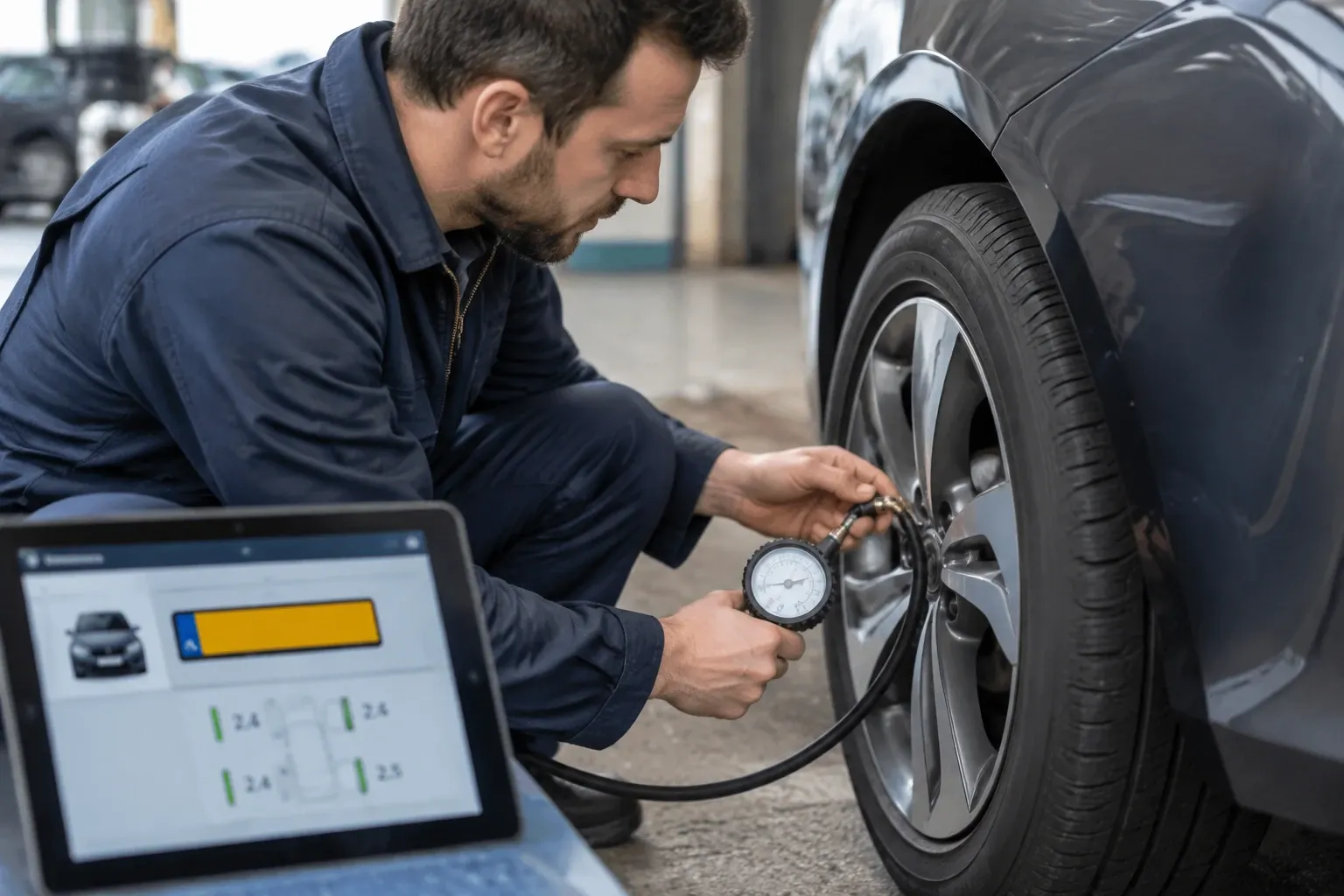 Monteur meet bandenspanning met manometer aan voorwiel, laptop toont kentekengegevens