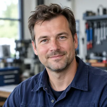 Man van middelbare leeftijd in een donkerblauw werkshirt voor een werkbank met bandengereedschap