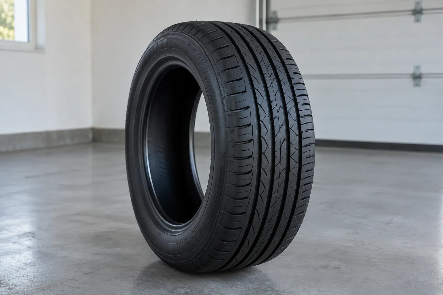 Zwarte autoband losstaand in lichte garage met zichtbare loopvlakprofielen en zijkant