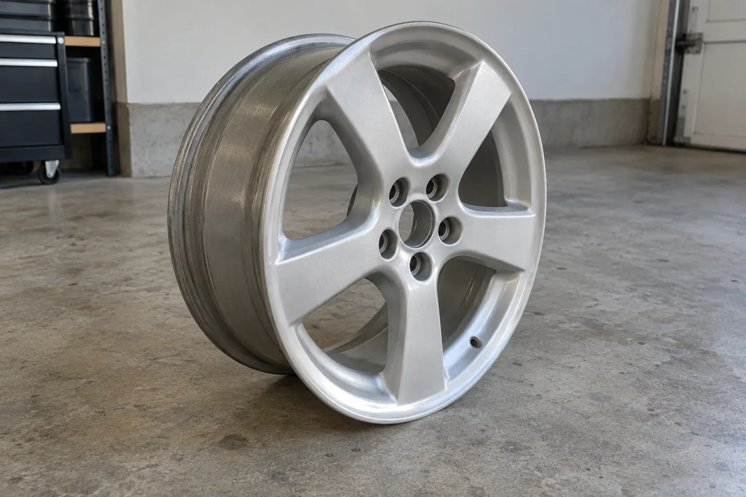 Aluminium velg met vijf spaakontwerp staand op betonnen vloer in garage