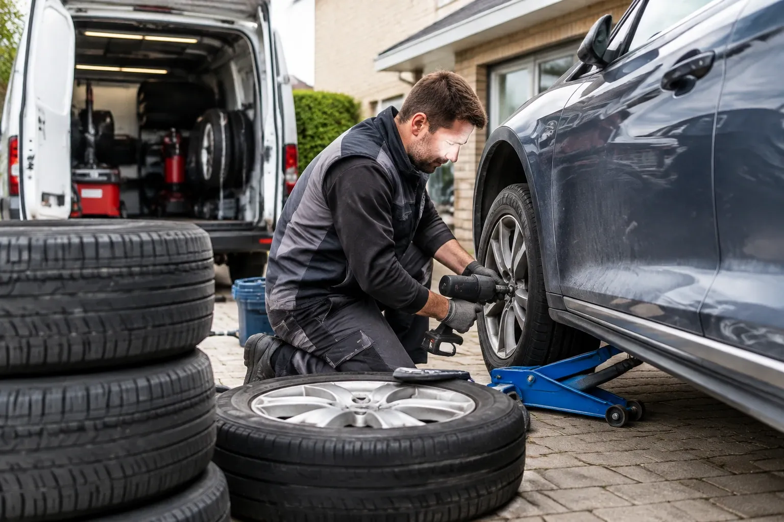 Monteur vervangt autoband met elektrische slagmoersleutel naast geparkeerde auto en bandenstapel