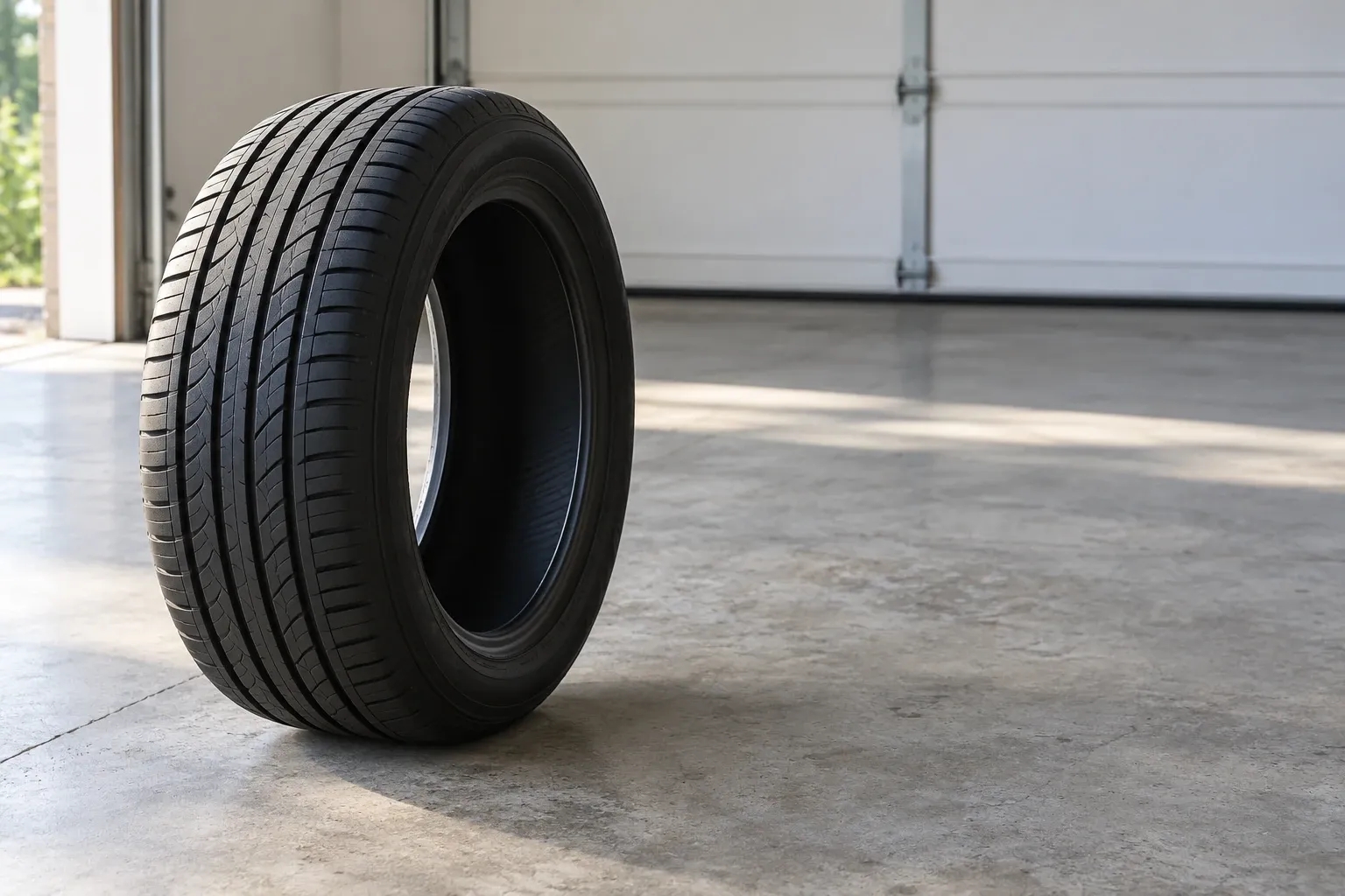 Losstaand autoband met zichtbaar profiel in verlichte garage op betonvloer