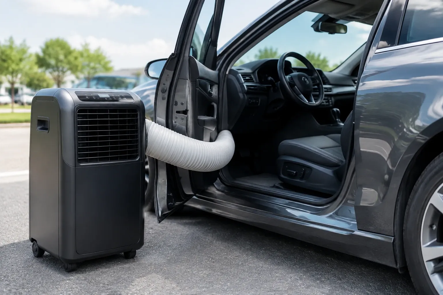 Mobiele airco buiten auto met afvoerslang door open portier naar interieur