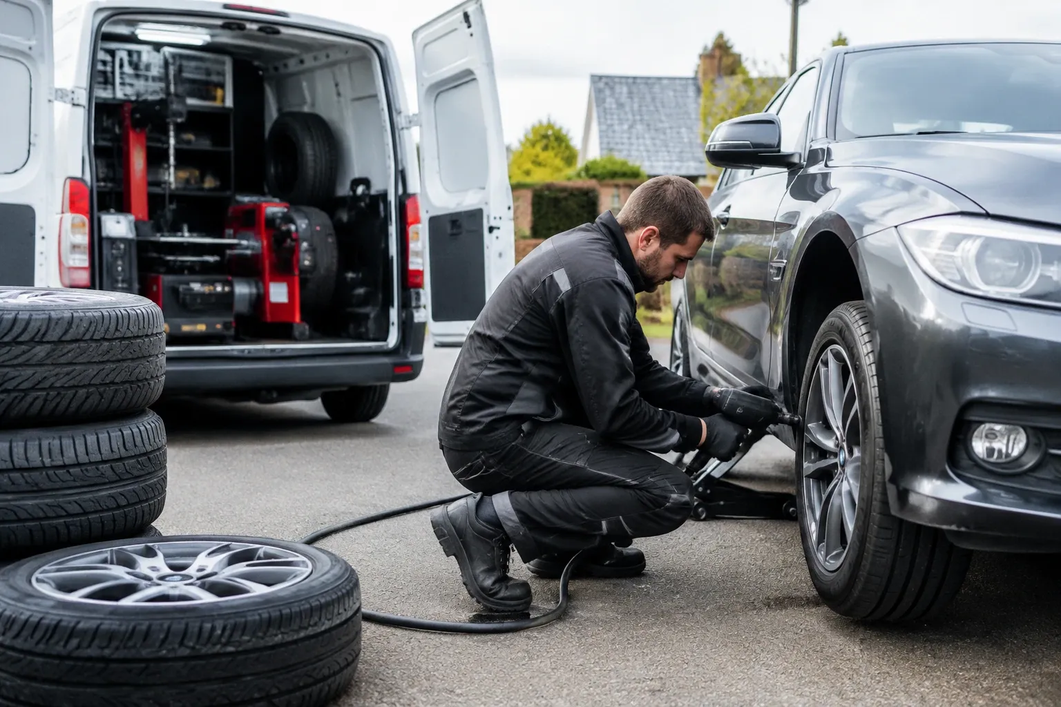 Monteur knielt naast auto en vervangt band met mobiele bandenservicebus op achtergrond