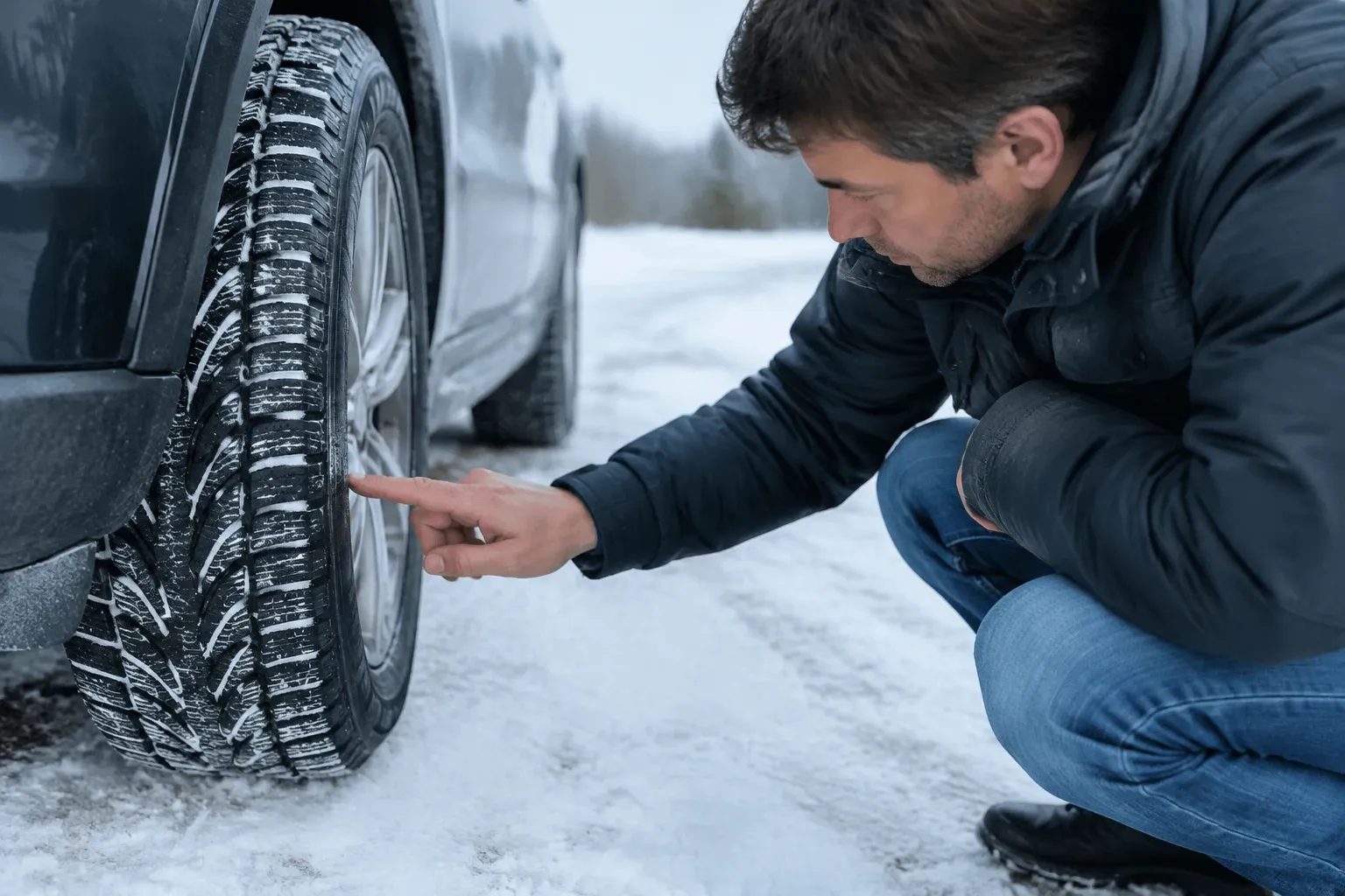 Man wijst naar profiel van winterband op besneeuwde weg, knielt naast auto