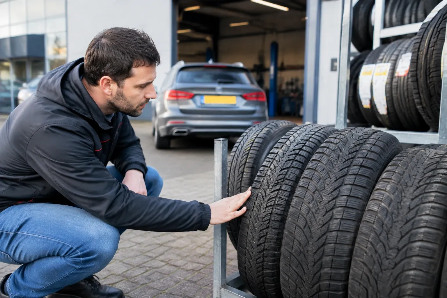 Monteur kijkt winterbanden na op rek buiten garage, auto op achtergrond