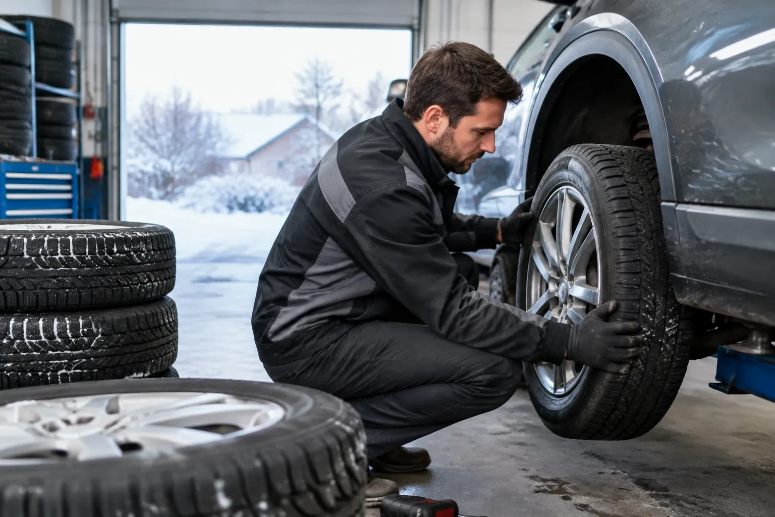 Monteur in garage verwisselt winterband aan auto, stapel banden op de vloer