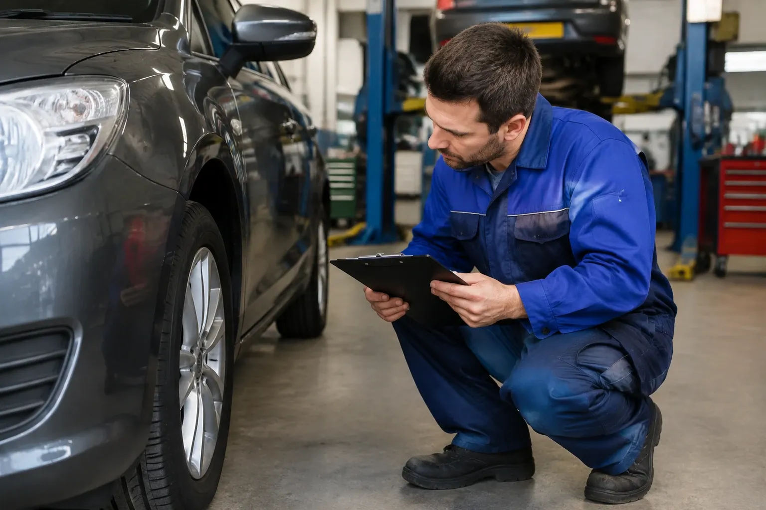 APK-keurmeester in werkpak controleert auto met clipboard in lichte garage omgeving