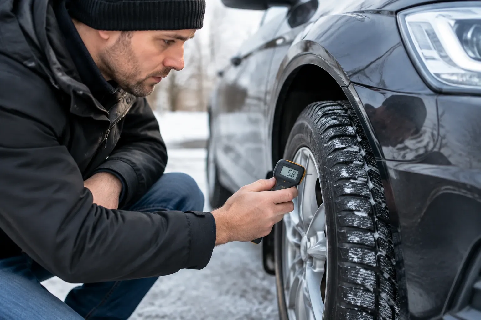 Man meet digitale bandendruk bij winterband op besneeuwde parkeerplaats