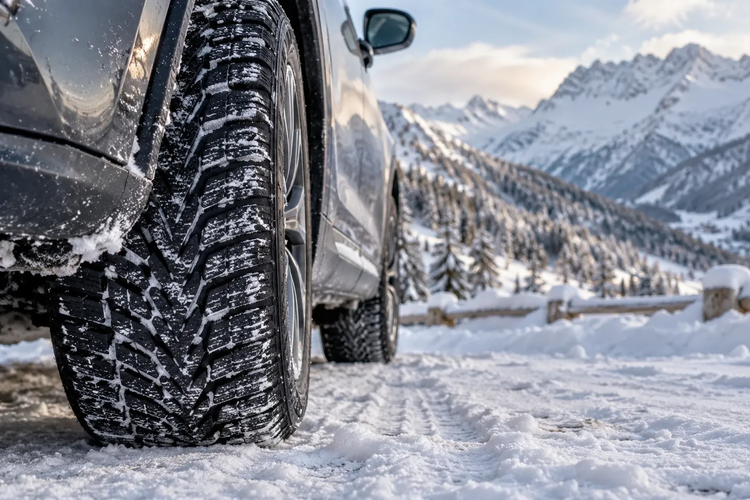 Winterbanden met sneeuwprofiel onder een auto op een bergweg in winterlandschap