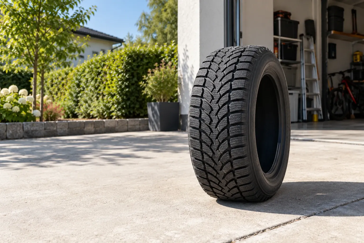 Winterband rechtop op oprit voor open garage bij zonnige zomerdag