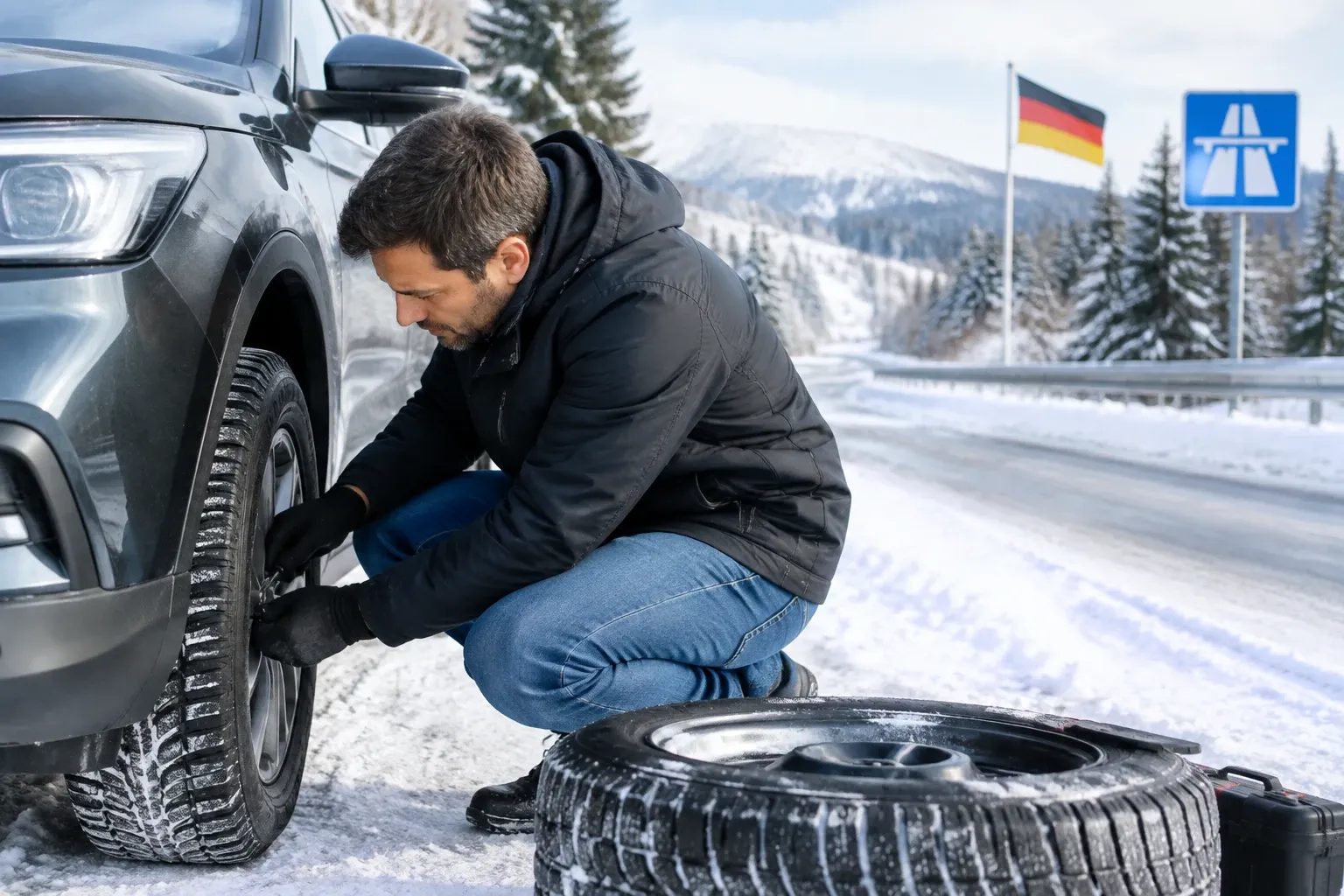 Man in winterjas wisselt auto winterband naast reservewiel langs besneeuwde Duitse snelweg