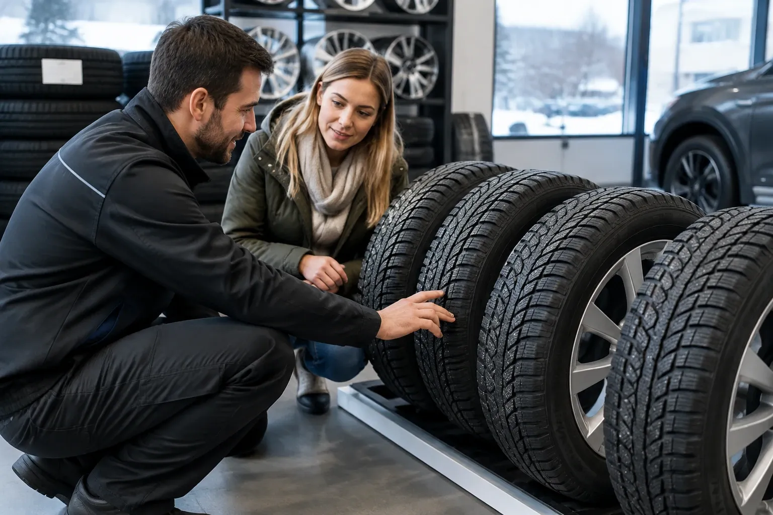 Verkoper toont vrouw winterbanden op velg in showroom, binnenverlichting zichtbaar