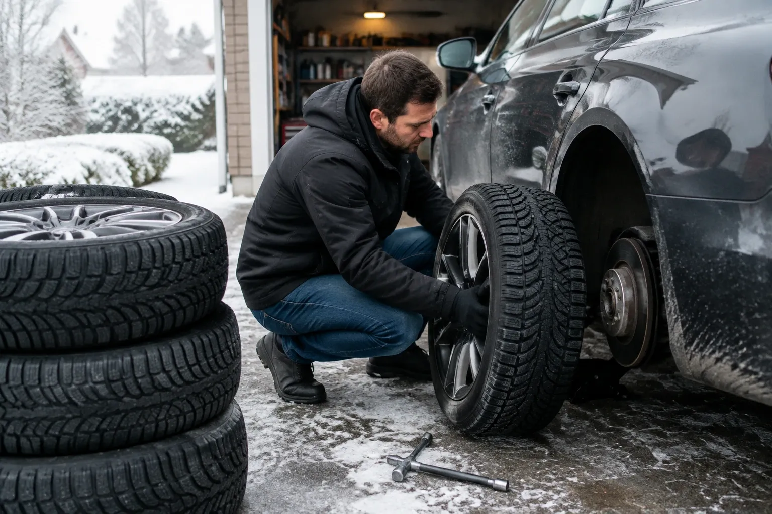 Man in winterjas monteert een winterband op auto naast stapel losse velgensets
