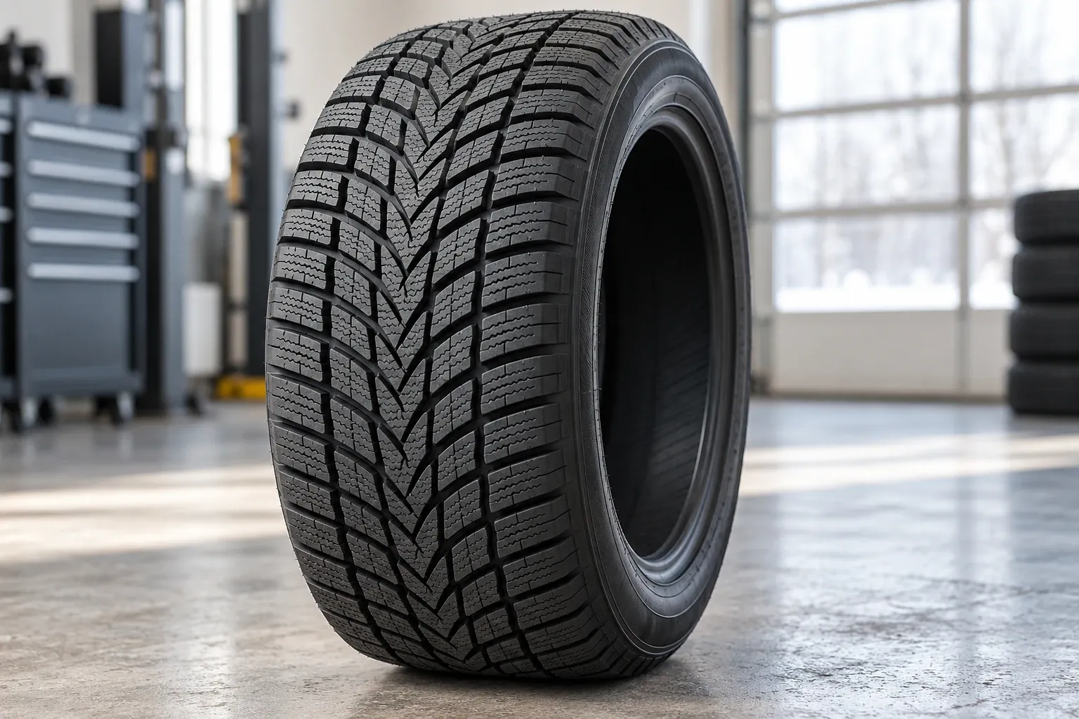 Staande winterband met V-profiel en lamellen in goed verlichte autowerkplaats