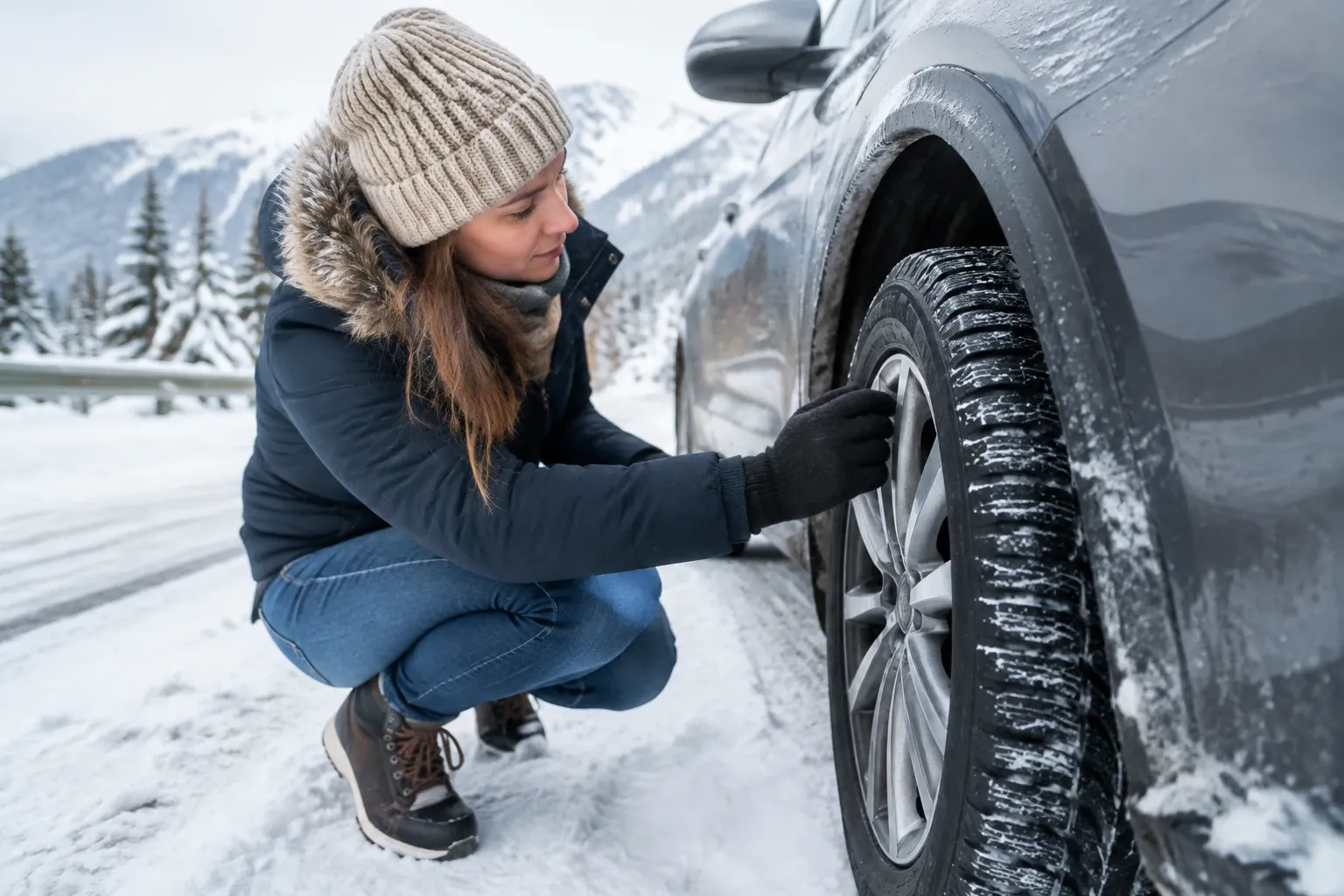 Vrouw in winterkleding controleert winterbanden van auto naast besneeuwde bergweg