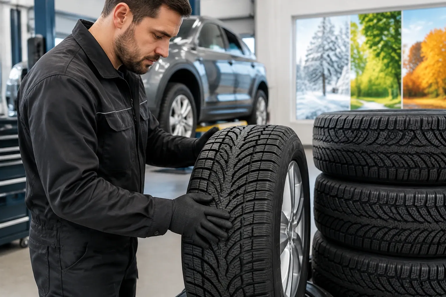 Monteur bekijkt en houdt een all season band in een lichte autowerkplaats